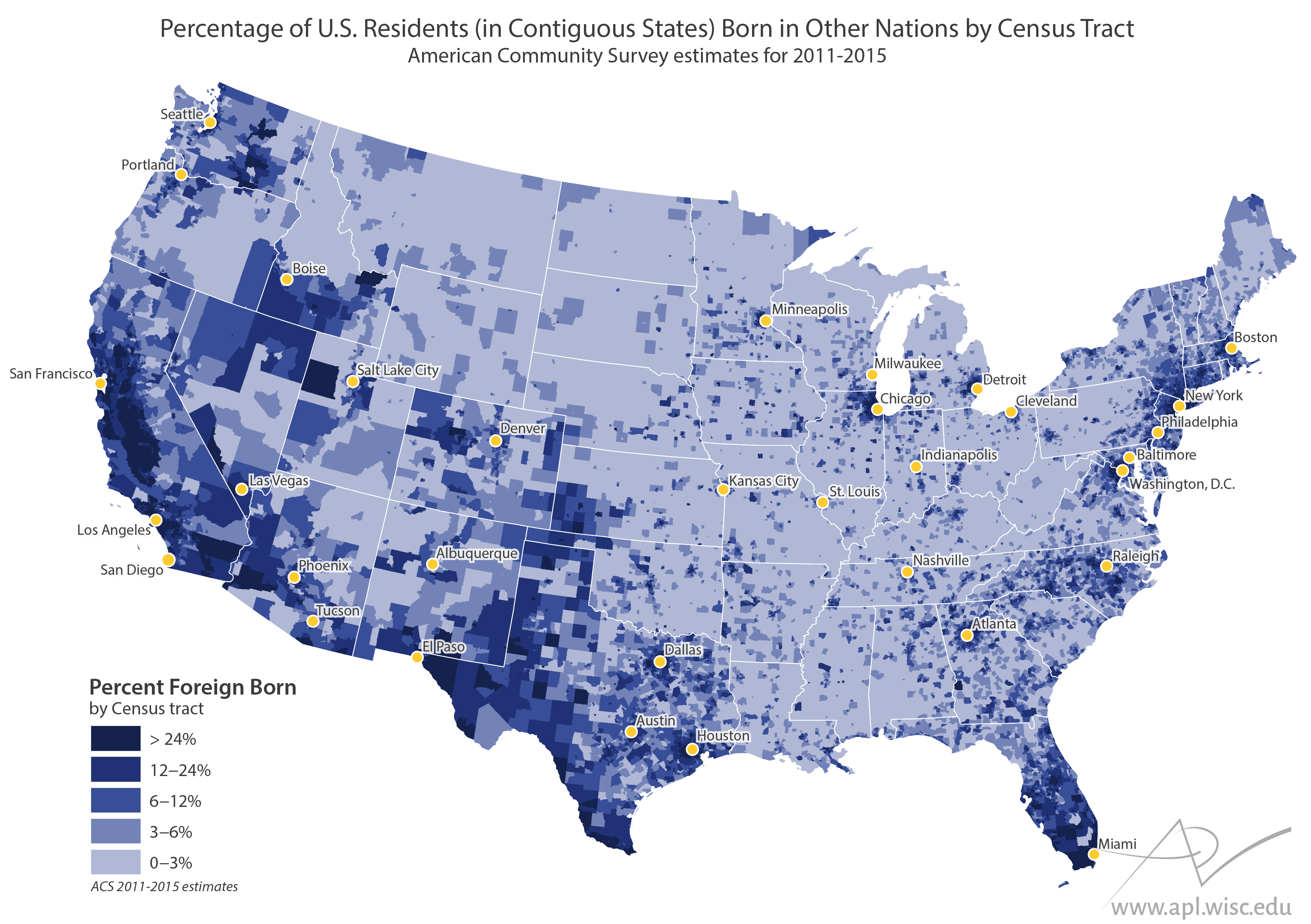 map of contiguous US showing percent foreign-born residents by Census tract
