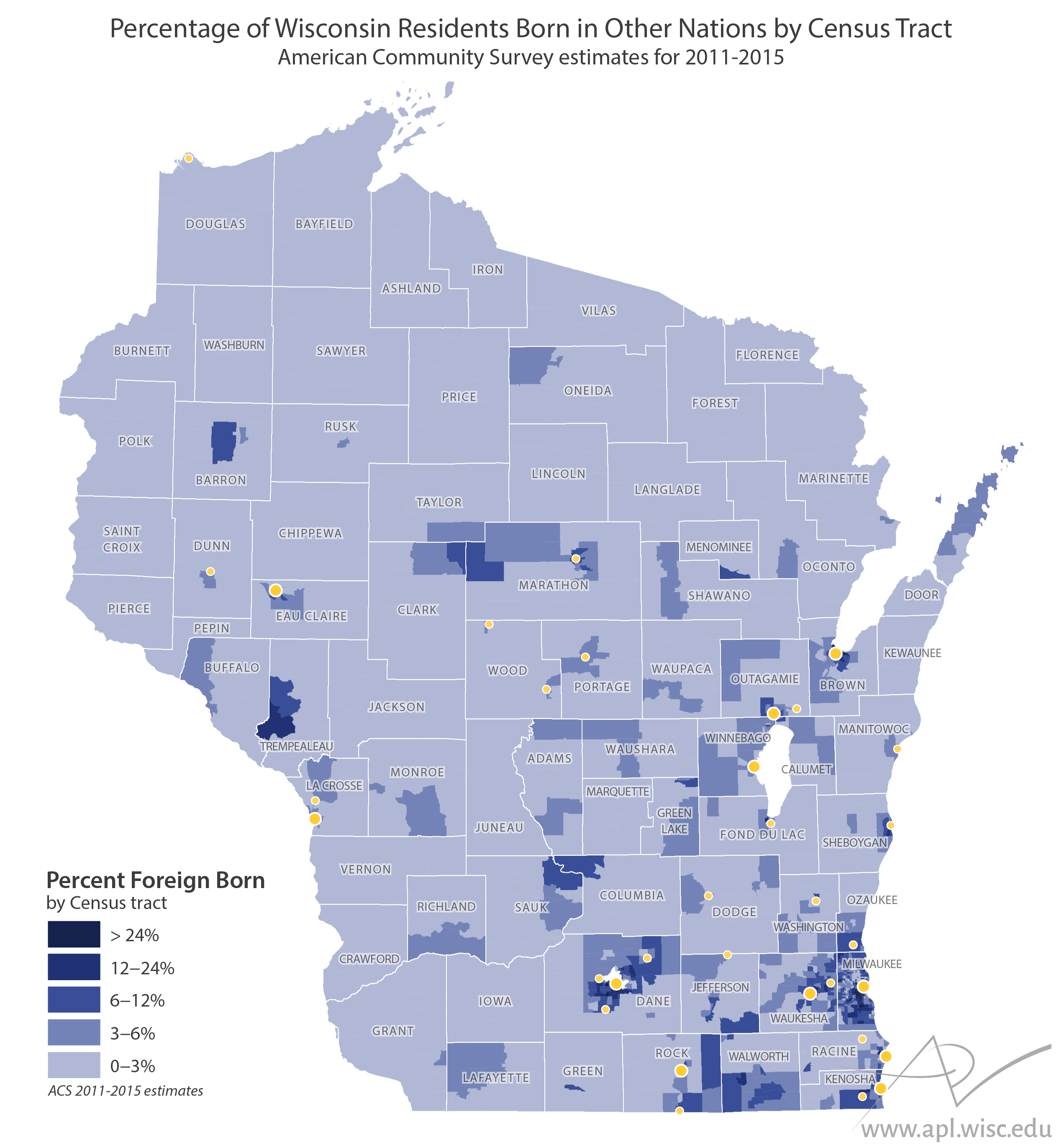map of Wisconsin showing percent foreign-born residents by Census tract