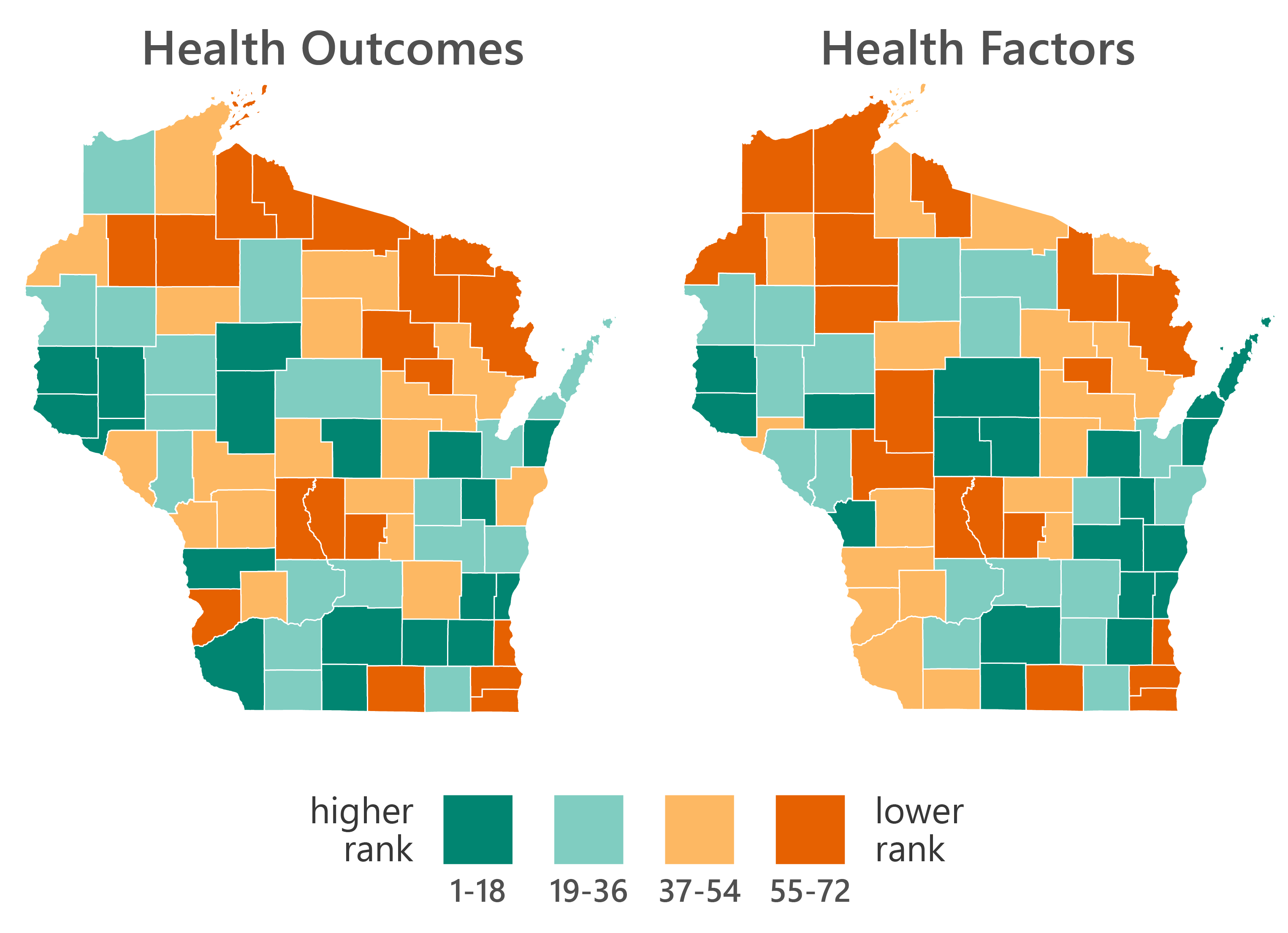 Wisconsin county maps showing health outcomes and health factors rankings