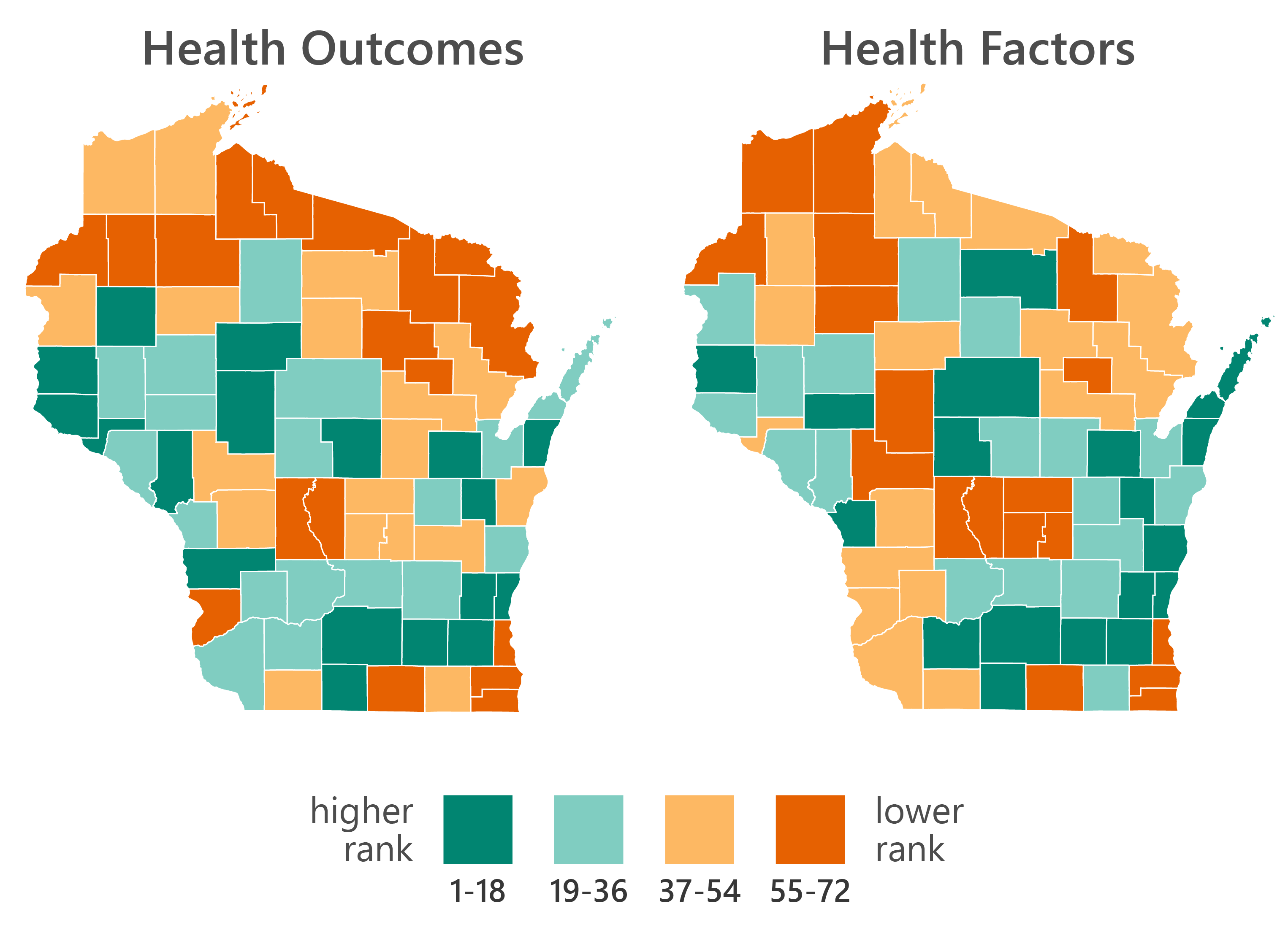 maps of 2018 County Health Rankings & Roadmaps rankings for Wisconsin counties