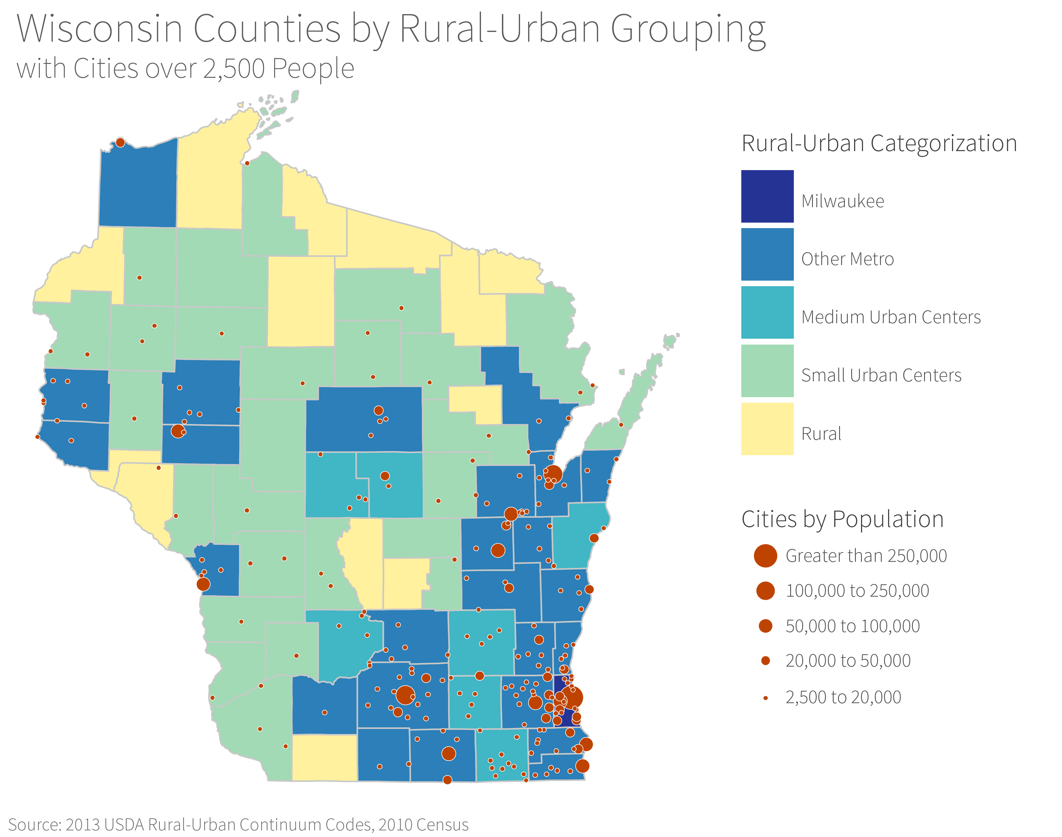 map of Wisconsin showing counties by urban-rural categorization and cities by population size