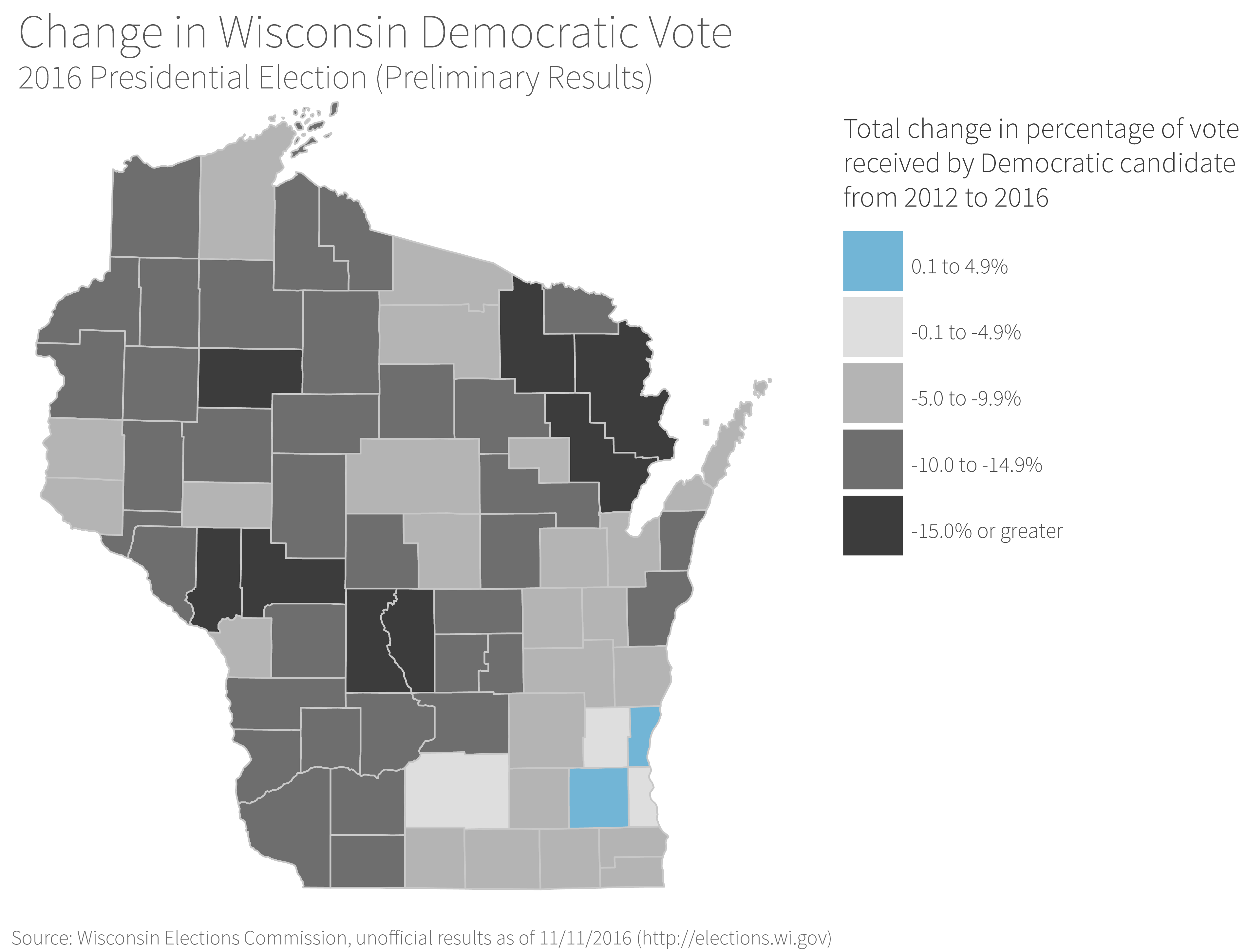 map of Wisconsin showing total change in percentage of vote received by Democratic candidate, 2012 to 2016