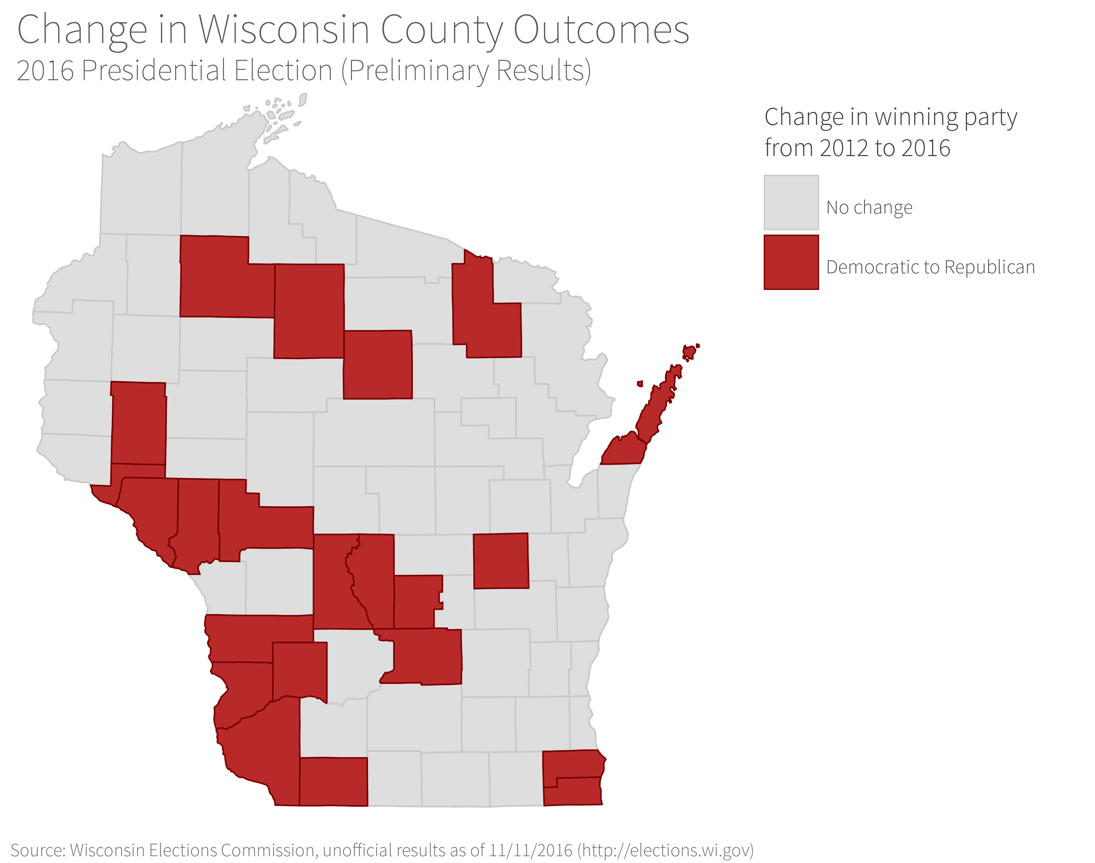 map showing change in election outcome (party) by Wisconsin county, 2012 to 2016 presidential elections