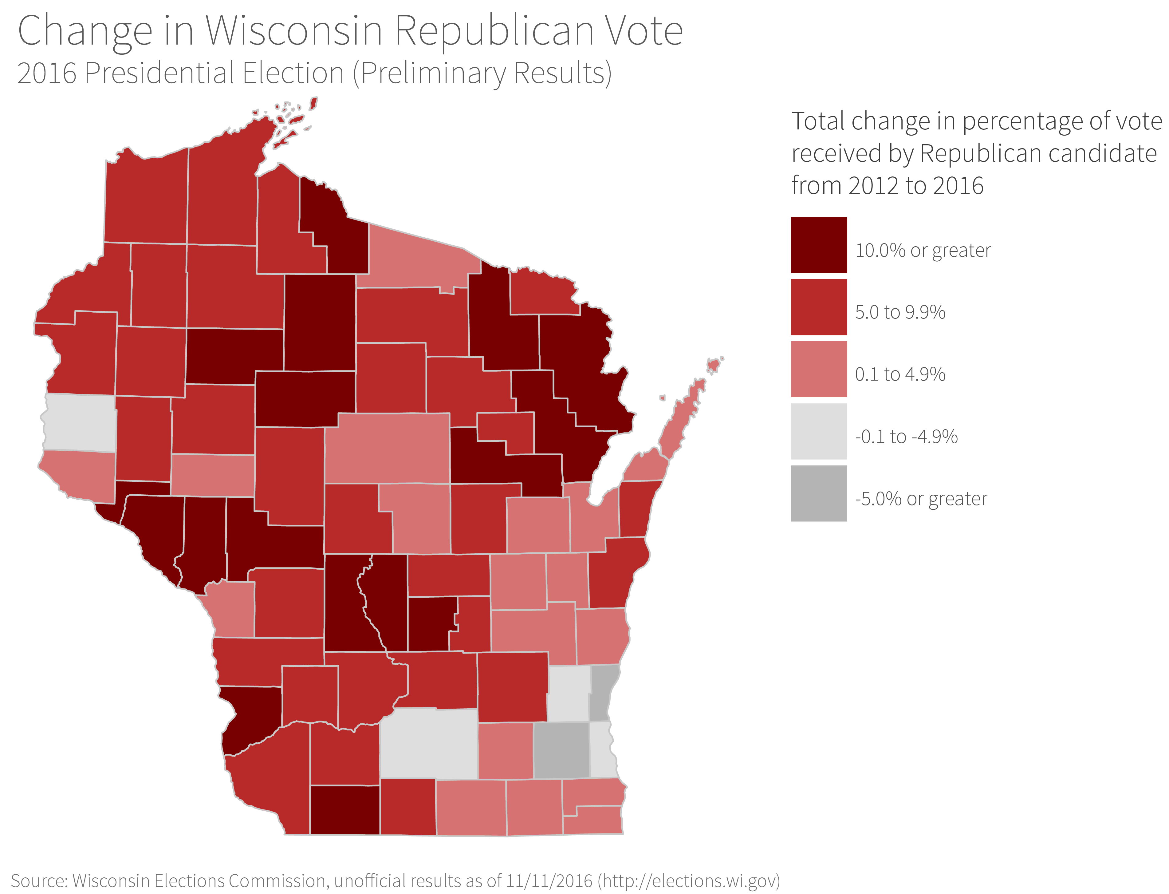 map of Wisconsin showing total change in percentage of vote received by Republican candidate from 2012 to 2016