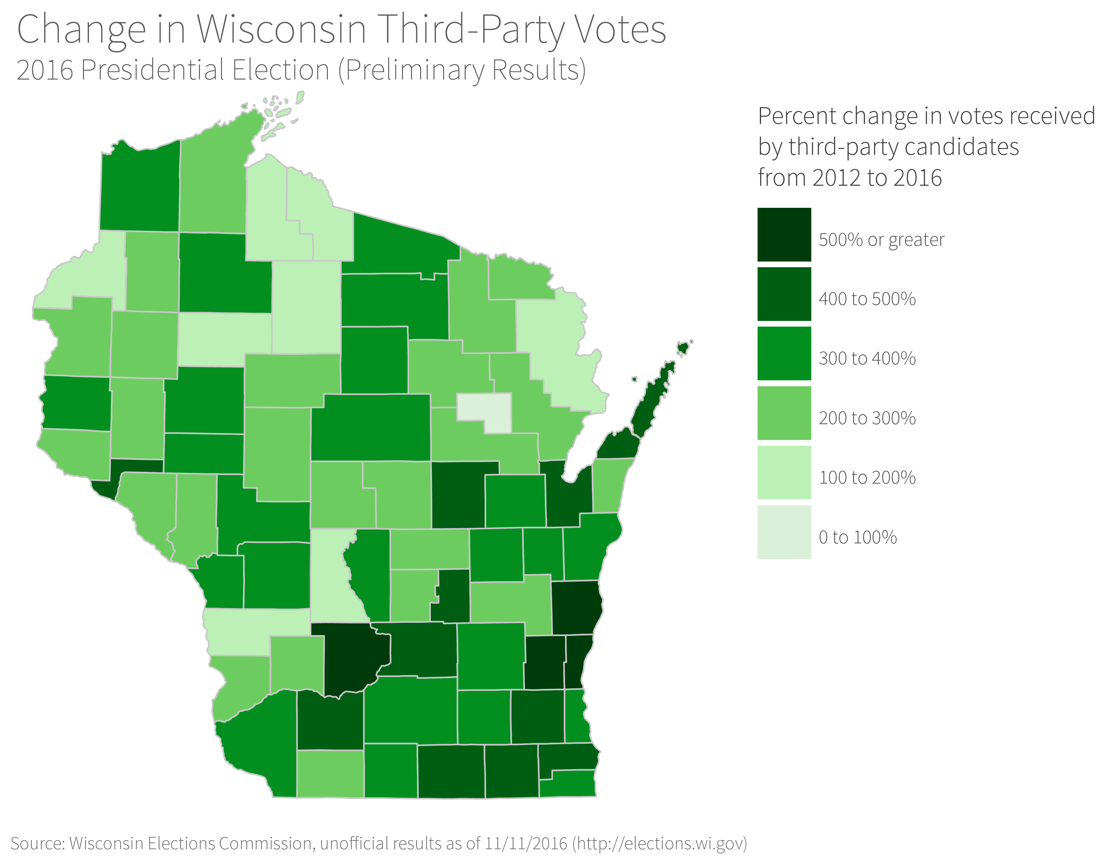 map of Wisconsin showing percent change in votes received by third party candidates, 2012 to 2016