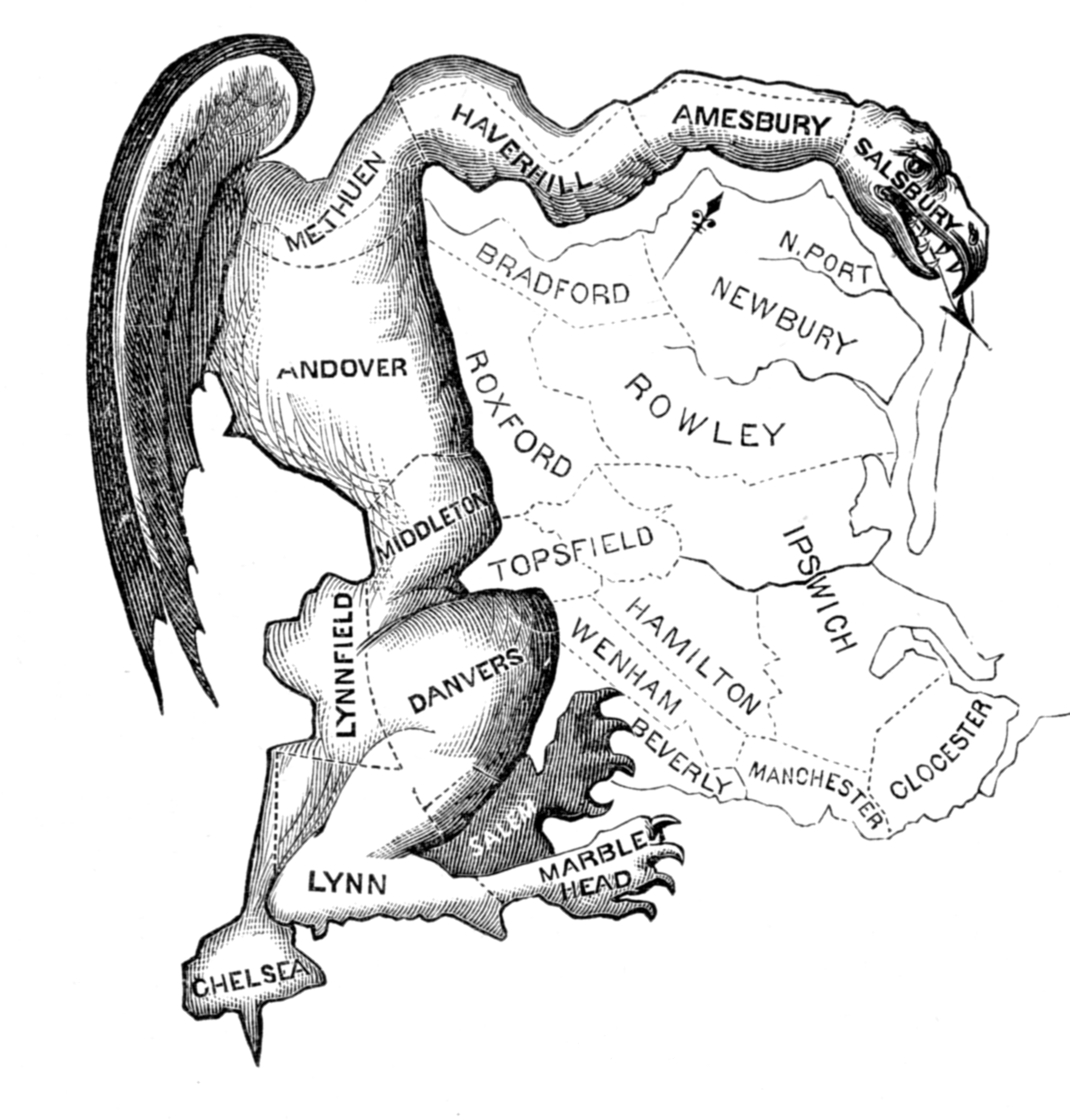 Original cartoon of 'The Gerry-Mander', a winding legislative district created in Massachusetts in 1812.