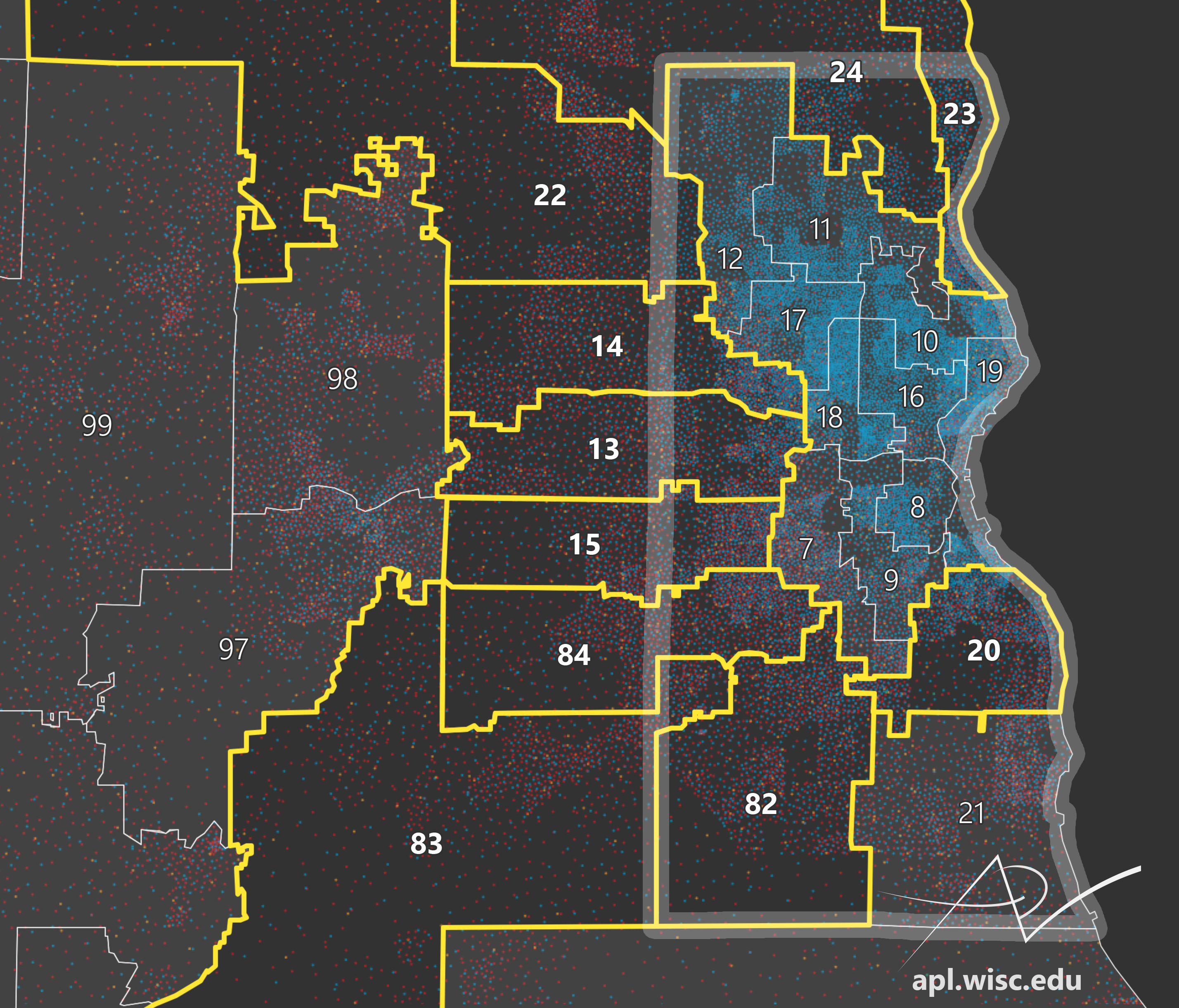 Map showing 2011-adopted Wisconsin Assembly District outlines vs partisan votes in the 2016 presidential election in and around Milwaukee. Districts showing evidence of packing and cracking are highlighted.