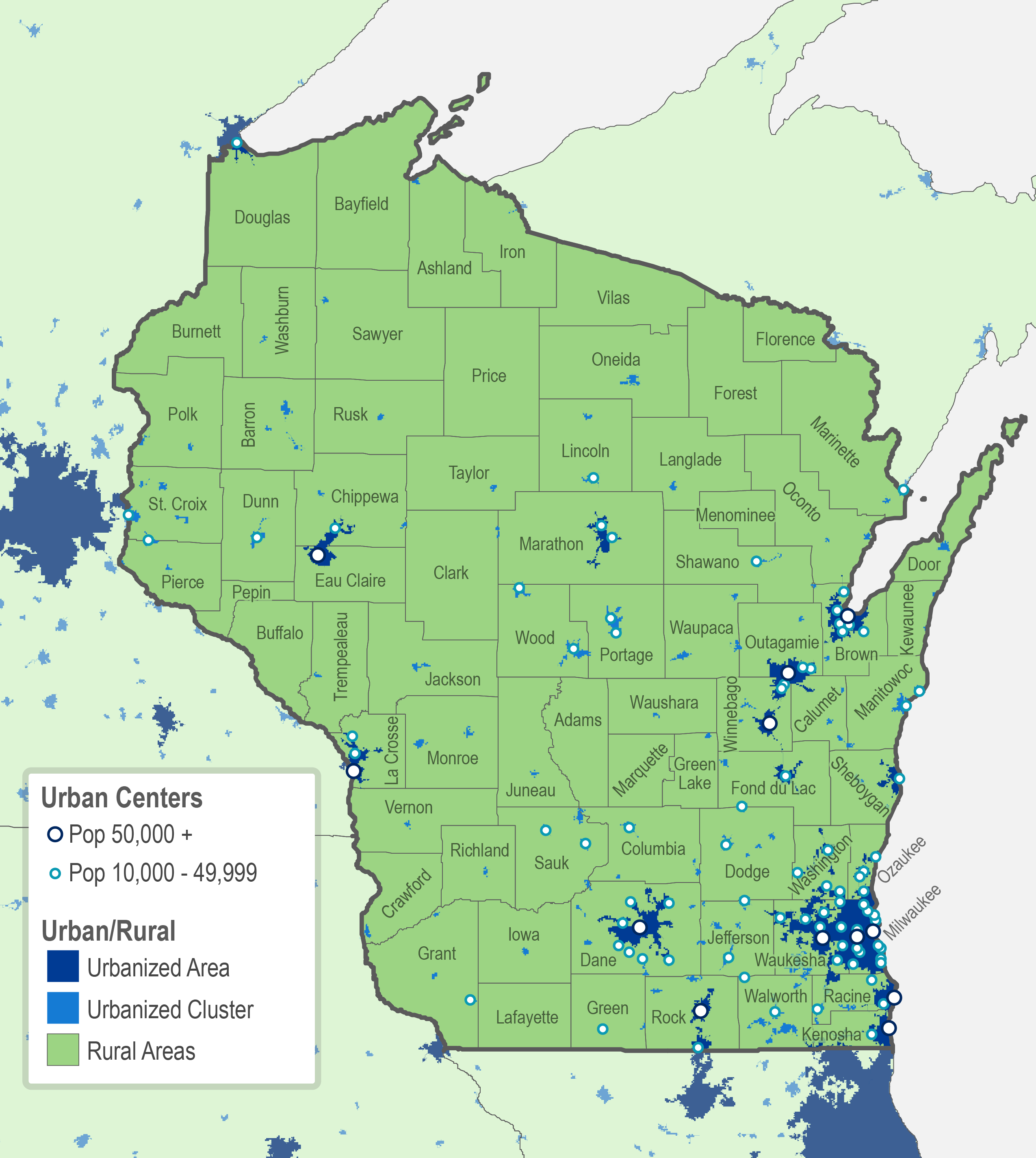 Wisconsin map of urbanized areas, urbanized clusters and non-urban areas, U.S. Census Bureau definition, 2010