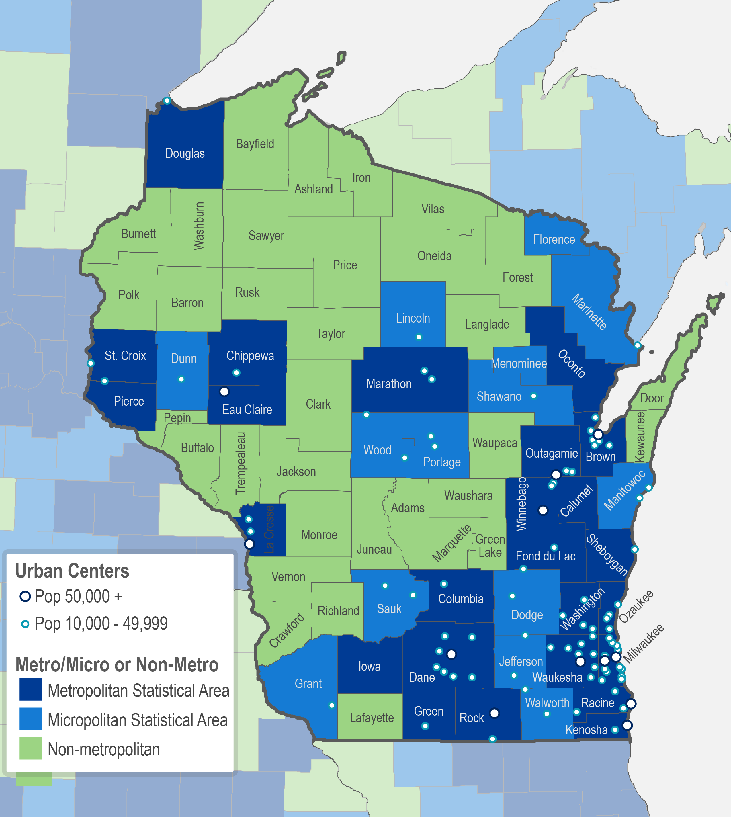 Wisconsin map of metropolitan and metropolitan statistical areas, U.S. Office of Management and Budget, 2013