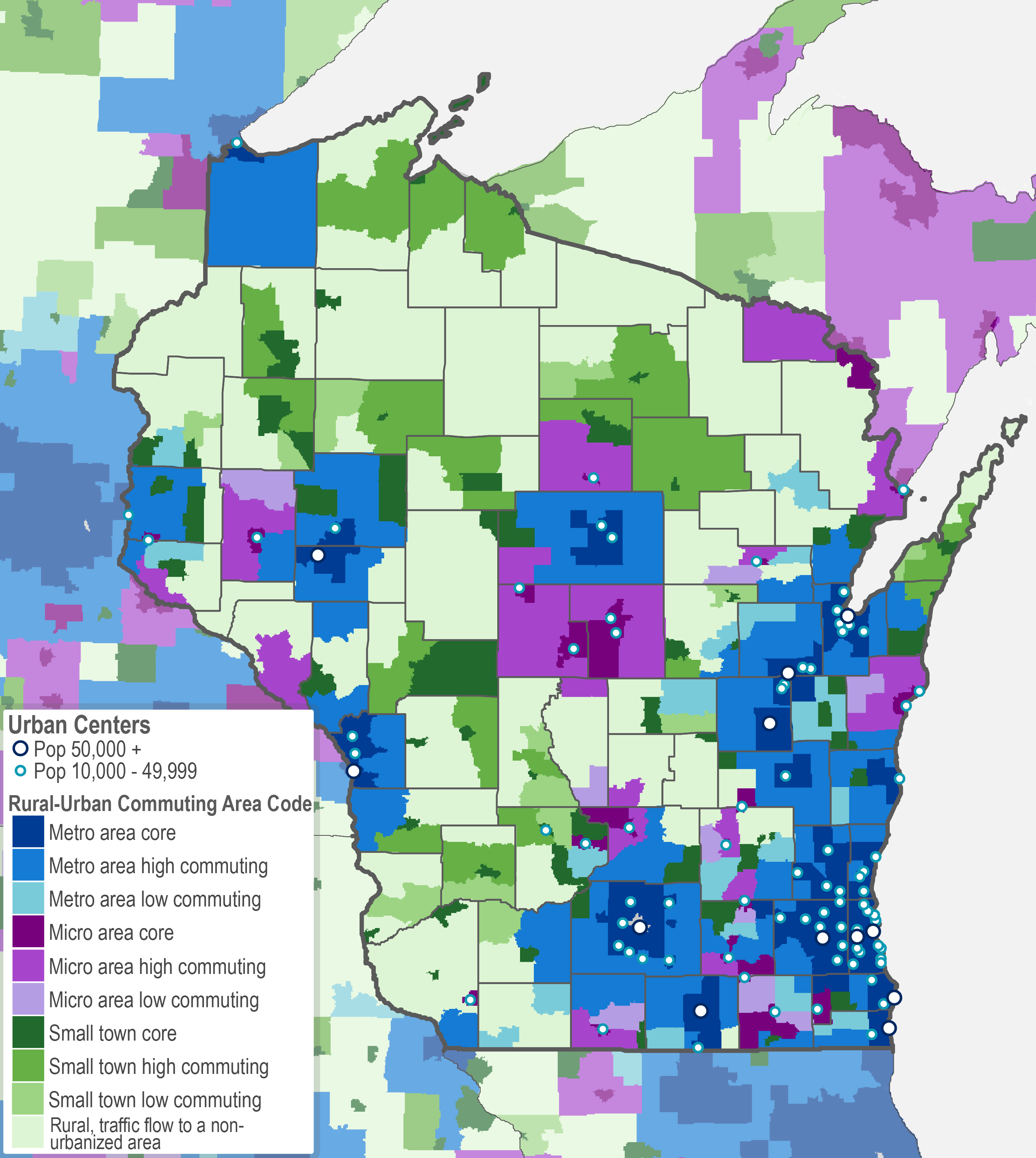 Wisconsin map of Rural-Urban Commuting Area Codes, U.S. Department of Agriculture, 2010