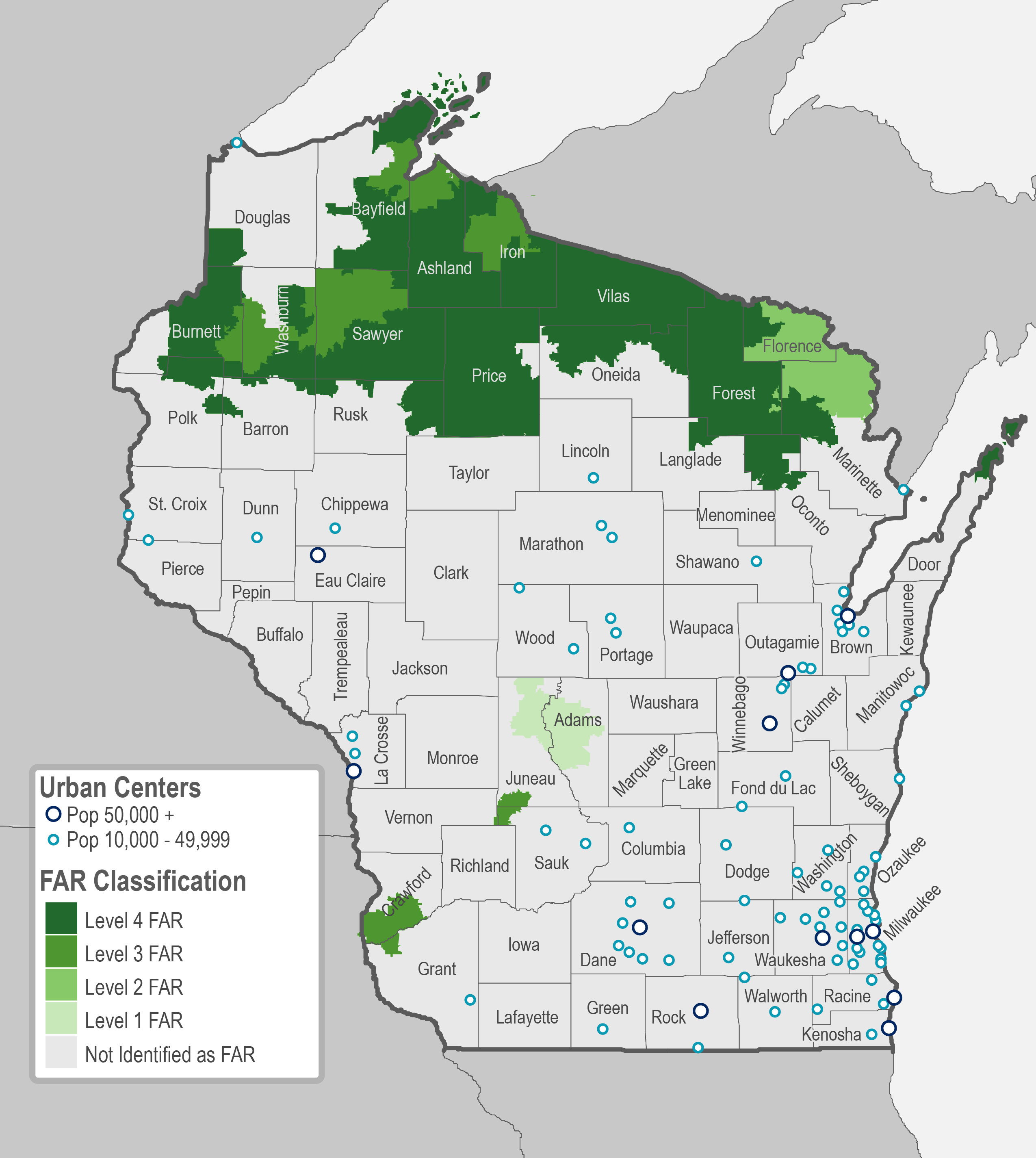 Wisconsin map of Frontier and Remote Areas classification, U.S. Department of Agriculture, 2010