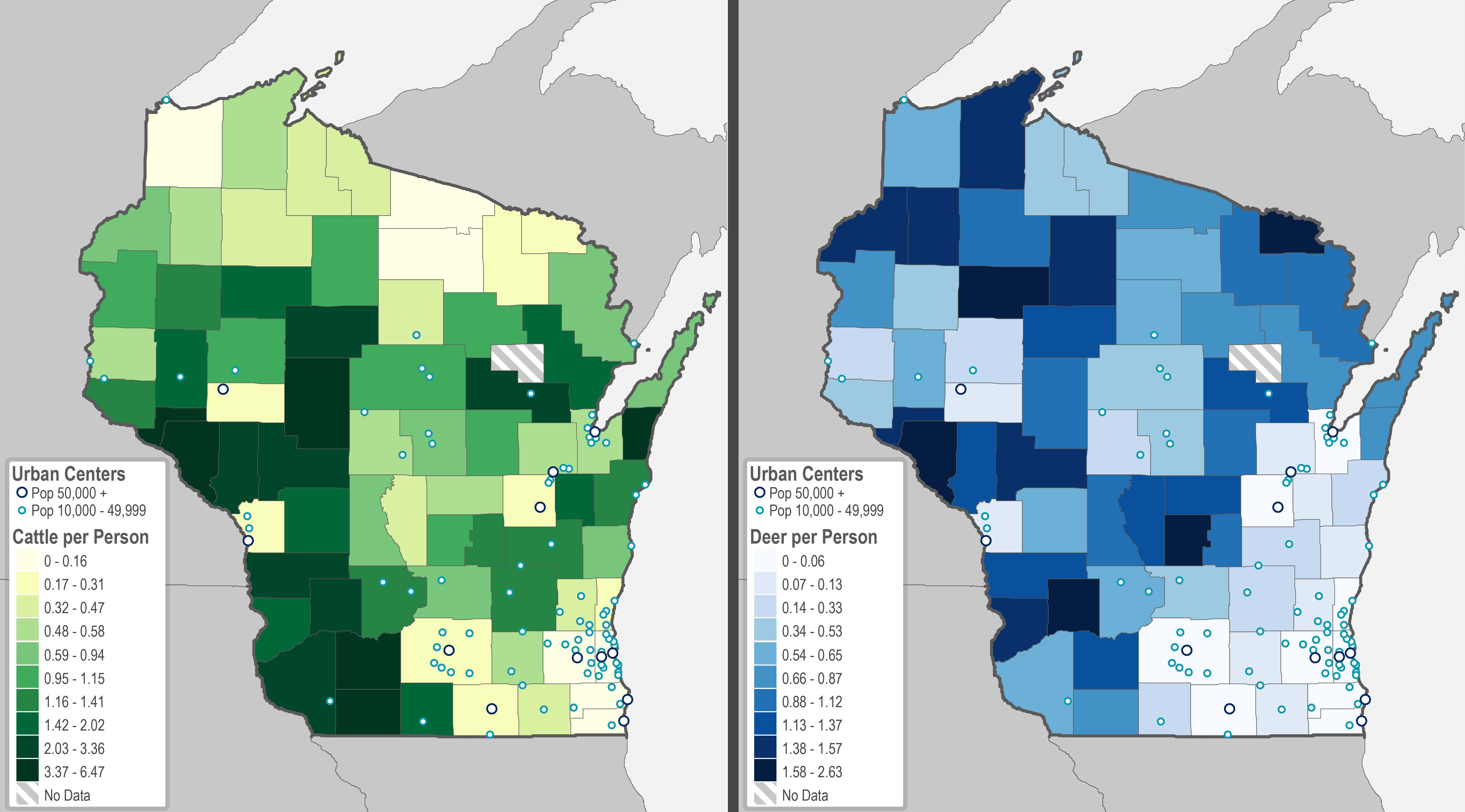 map set of the cattle-to-person ratio (left) and deer-to-person ratio (right) in Wisconsin
