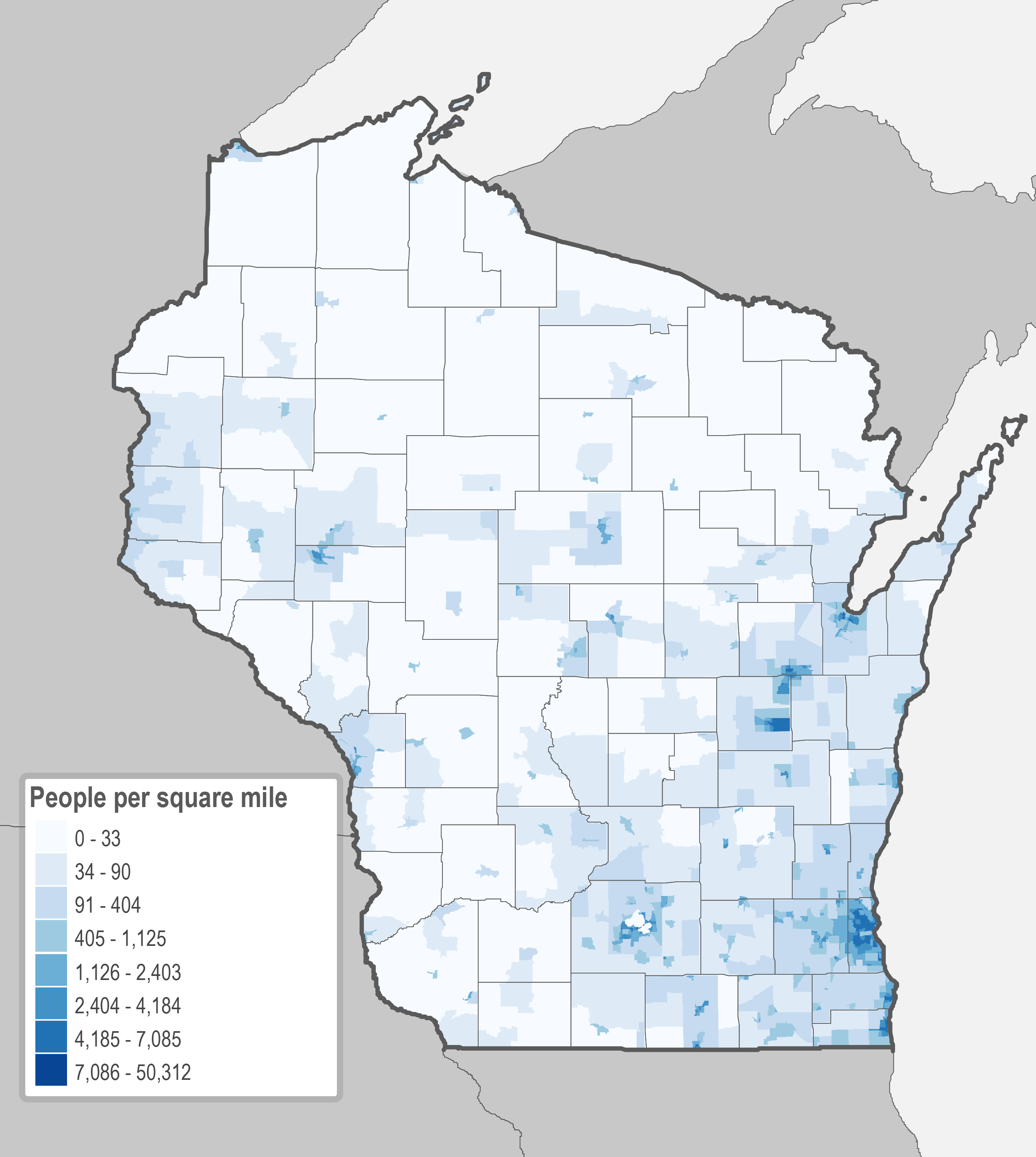 map of population density in Wisconsin. U.S. Census Bureau American Community Survey 5-year estimates, 2015