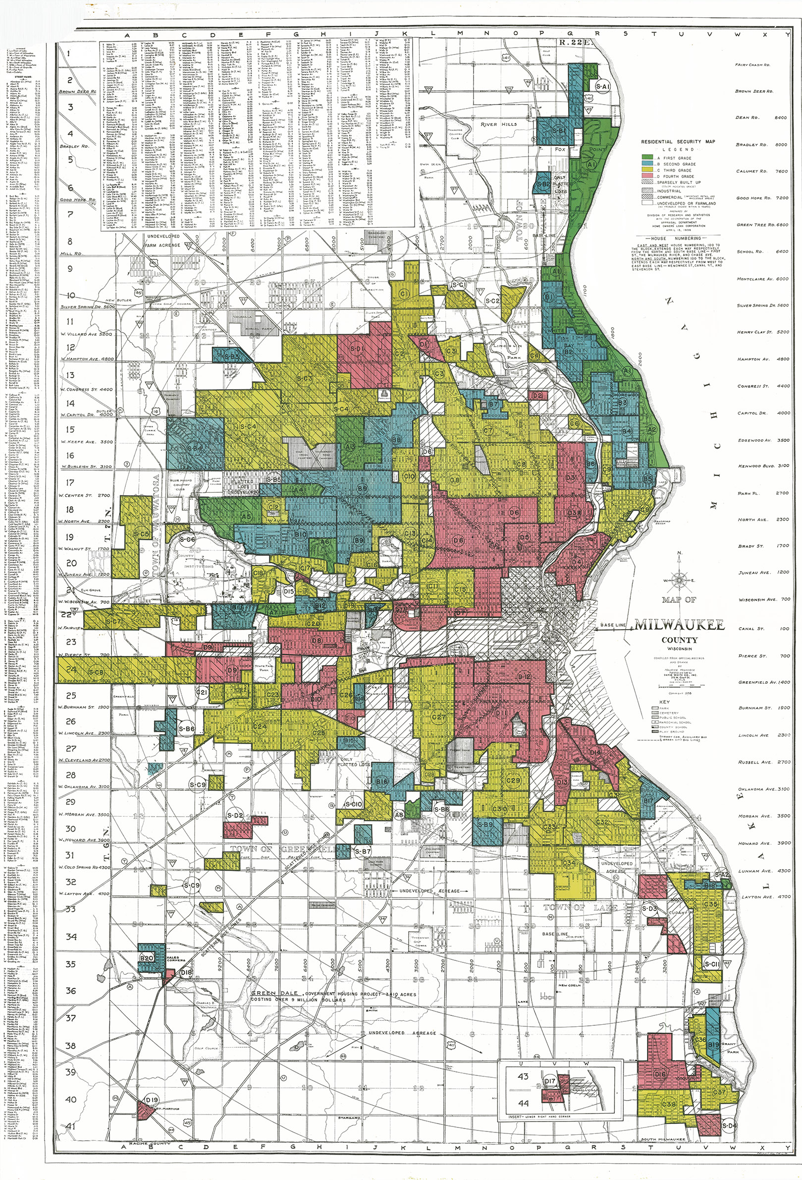 A 1938 redlining map of Milwaukee from the Home Owners' Loan Corporation