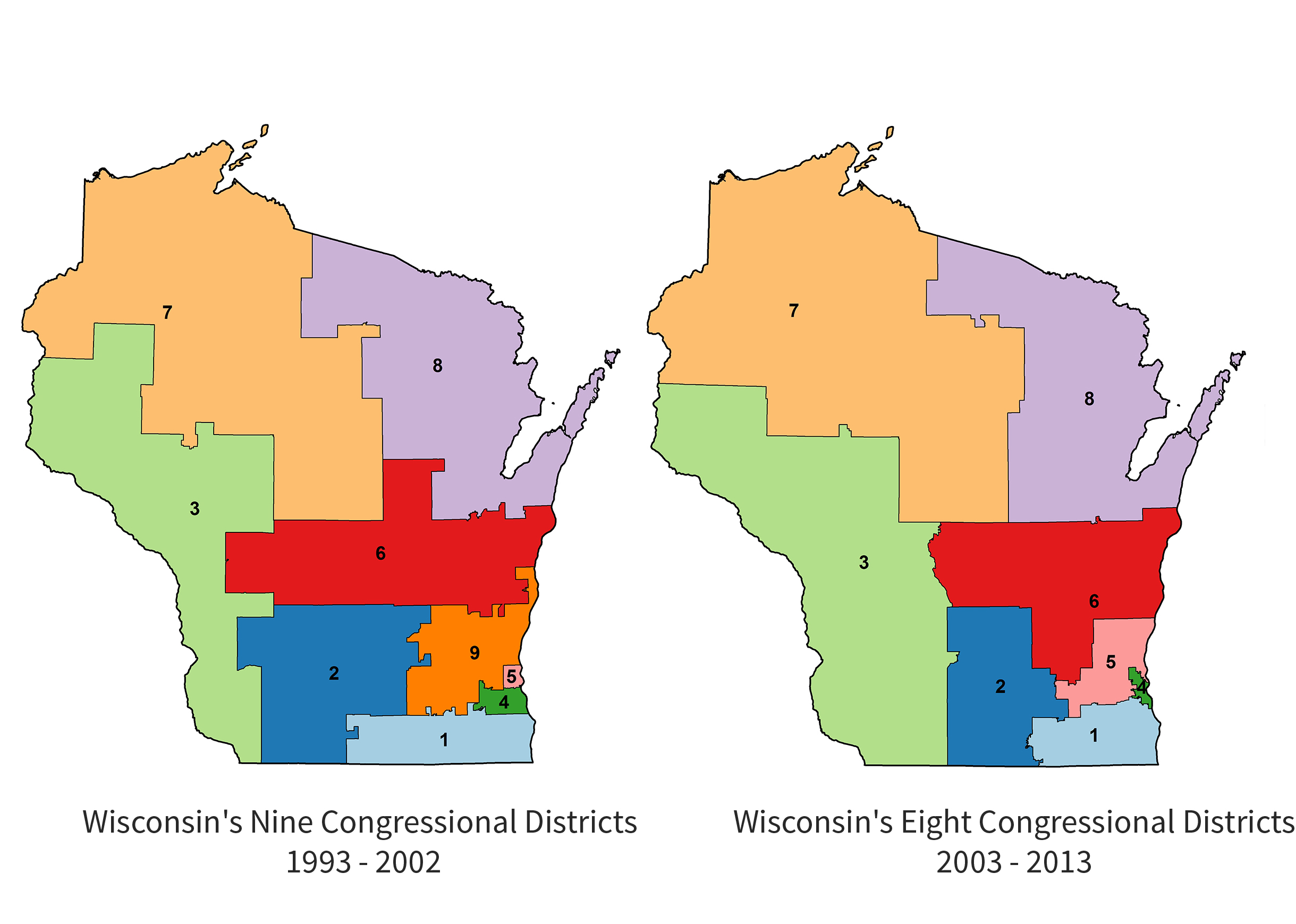 one map showing Wisconsin's nine Congressional districts (1993-2002) and another showing eight (2003-2013)