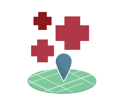 Graphic of place marker with health symbols
